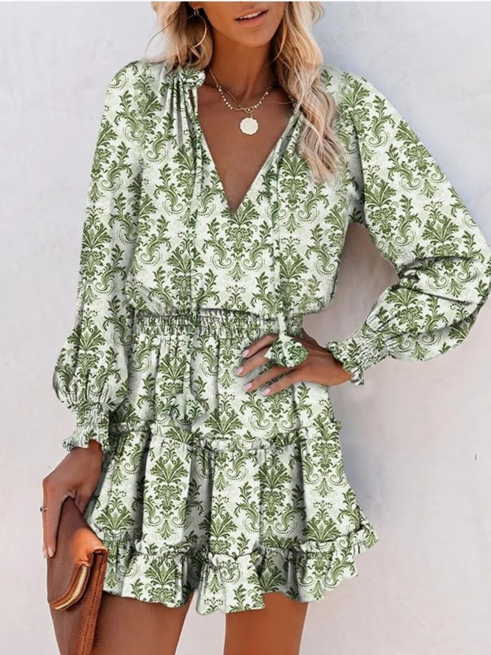 Boho Floral Ruffle Long Sleeve Smocked Mini Dress Size Med